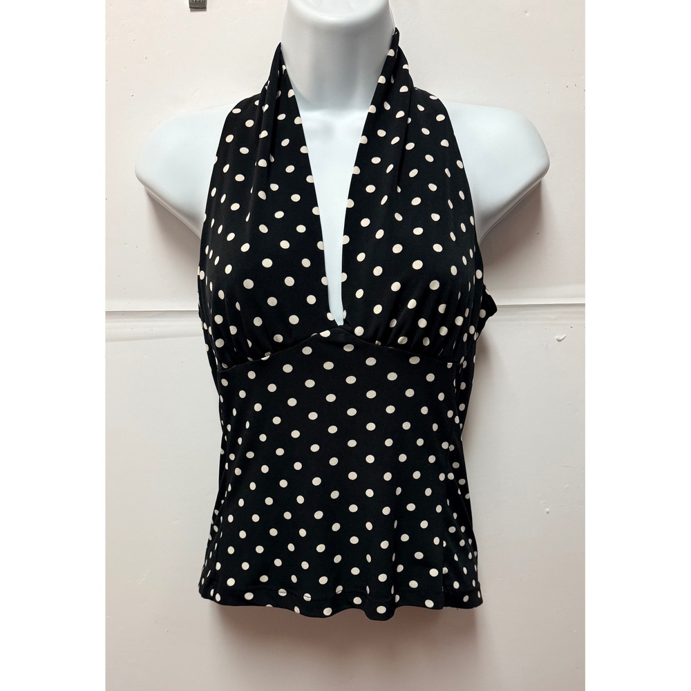 Halter Y2K Tank Top Women M Black Polka Dot V-Neck Keyhole Back Rockabilly Retro